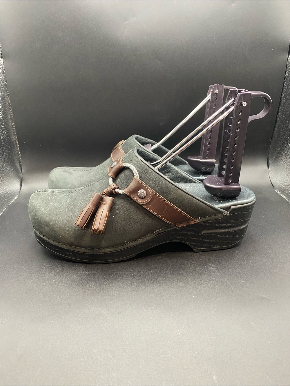 Dansko Shandi Dark Gray Nubuck Slip On Mules Clogs Tassel Accent Women’s EU 37